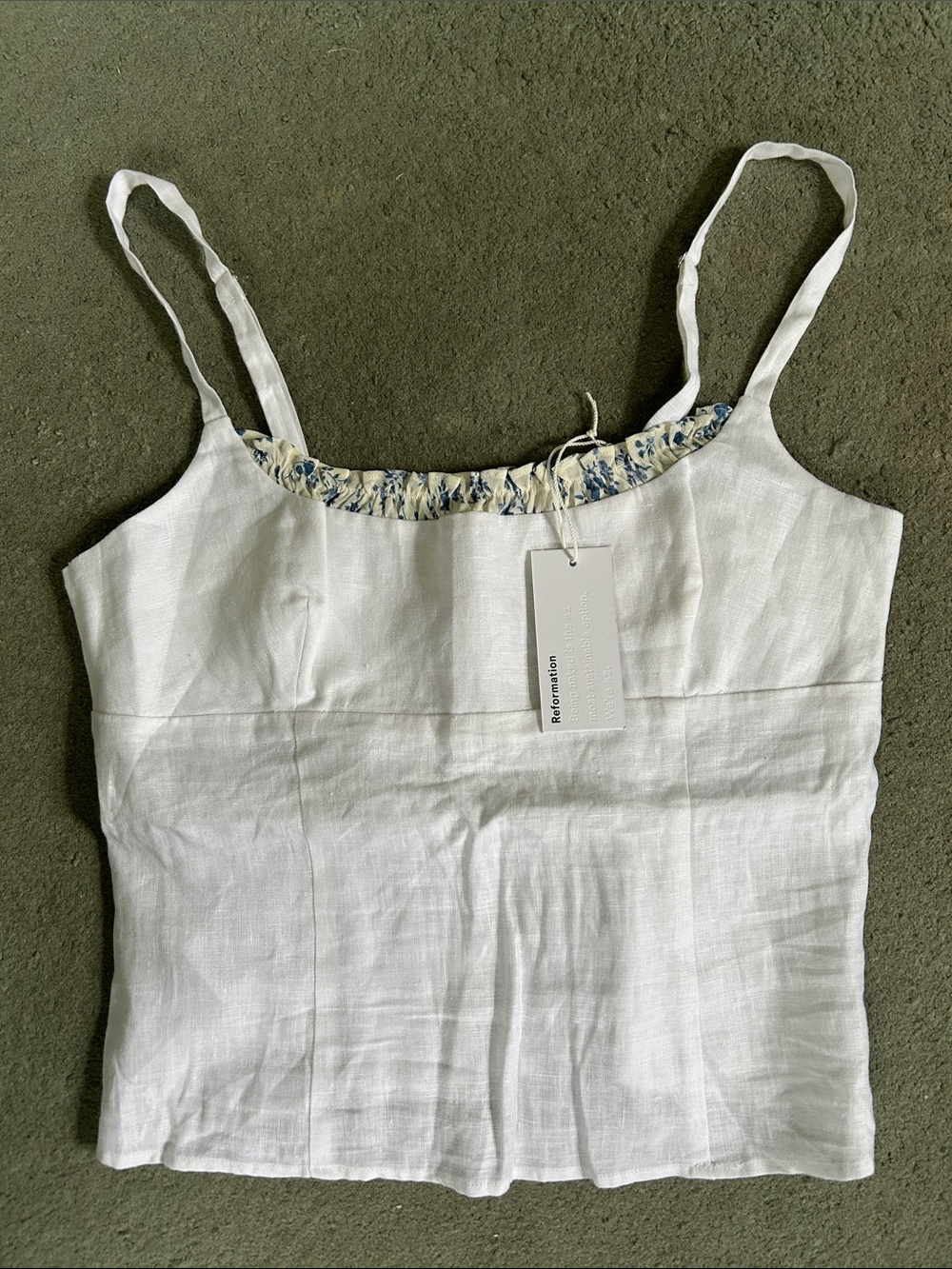 Reformation White Linen Floral-Trim Spaghetti Strap Camisole
